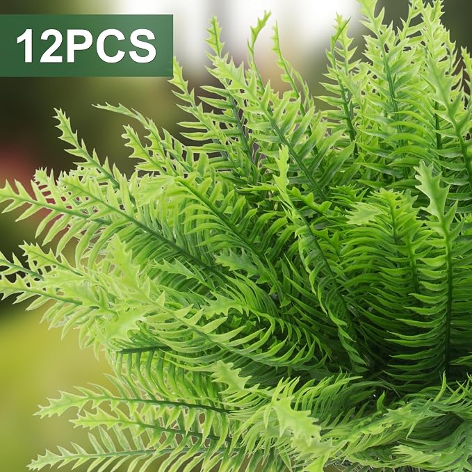 lovemoon 12 Pcs Fake Ferns for Outdoors UV Resistant Faux Fern Plants, Artificial Greenery Fern Stmes for Outside, Garden Porch & Patio Greenery Decor (12, Light Green)
