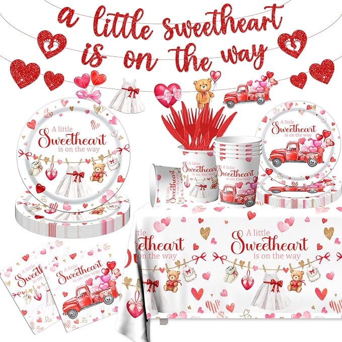 A Little Sweetheart is On The Way Decorations-142Pcs Valentines Baby Shower Tableware Red Hearts Bear Truck Little Sweetheart Paper Plates Kit