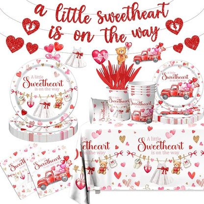 A Little Sweetheart is On The Way Decorations-142Pcs Valentines Baby Shower Tableware Red Hearts Bear Truck Little Sweetheart Paper Plates Kit