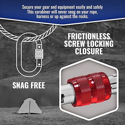 Carabiner Clip  UIAA Certified 25 kN 5620 LB, Large Heavy Duty Carabiners for Climbing: Oval-Shape, Screw Locking Steel Caribeener Clips, Hammocks, Hiking, Camping  Durable Tested