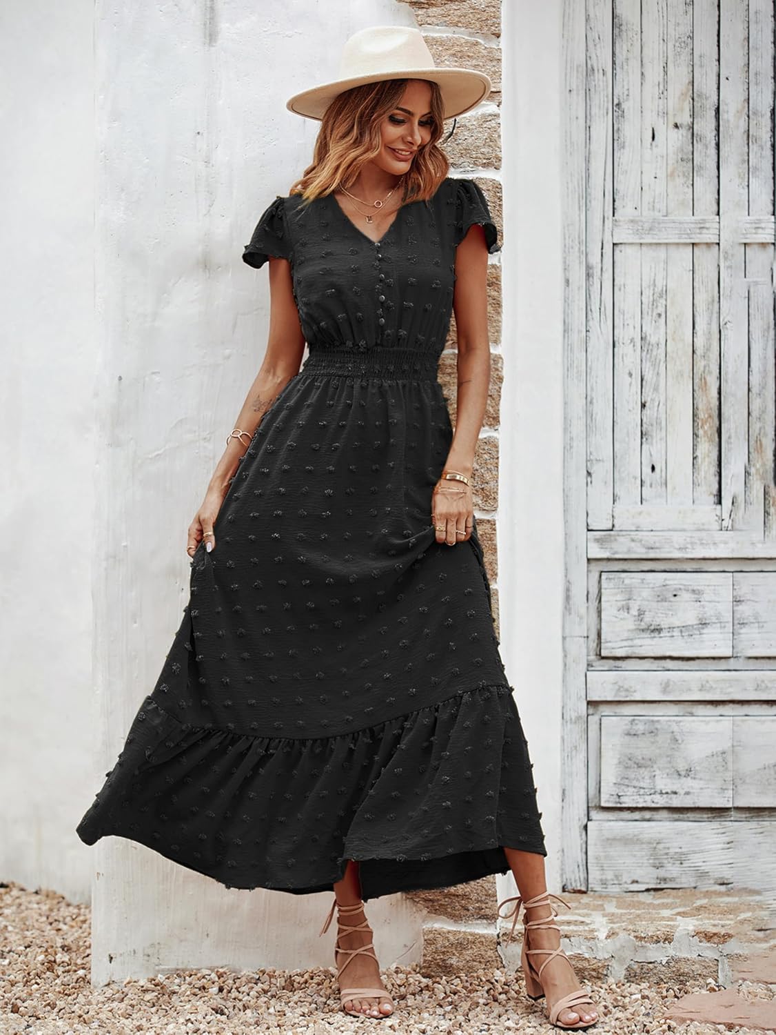 PRETTYGARDEN Womens Dresses 2026 Summer Maxi Dress Boho Short Sleeve V Neck Swiss Dot Ruffle Tiered Smocked Flowy Long Dress