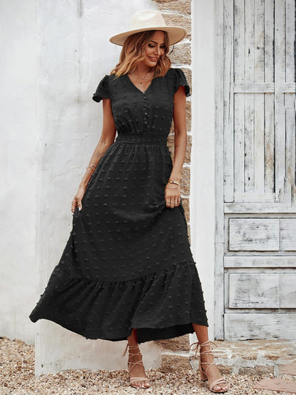 PRETTYGARDEN Womens Dresses 2026 Summer Maxi Dress Boho Short Sleeve V Neck Swiss Dot Ruffle Tiered Smocked Flowy Long Dress