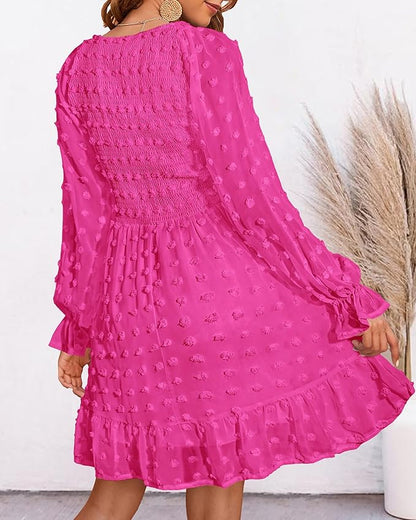 BTFBM Womens Dresses Casual V Neck Long Sleeve Swiss Dot Ruffle Chiffon Flowy Smocked Mini Summer Fall Dresses 2025