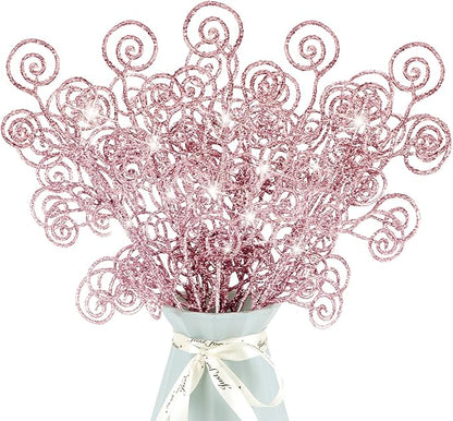 24 Pieces Glitter Christmas Picks Ornaments 10 Inches Decorative Sticks Candy Picks Curly Sprays Twigs for Christmas Tree Branches Vase Fillers Crafts Wreath Garland Party Wedding Holiday (24, Pink)