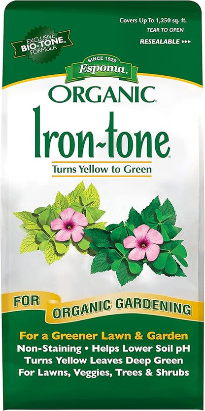 Espoma Organic Iron-Tone 3-0-3 Organic Fertilizer and Plant Food to Help Correct Iron Deficiency (Chlorosis). 5 lb. Bag. Turns Yellow to Green, Non Staining Iron