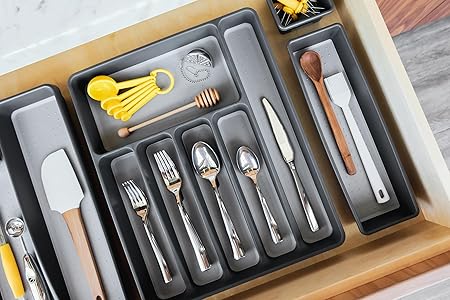 madesmart Classic Large Silverware Tray - Granite CLASSIC COLLECTION  6-Compartments Kitchen Drawer Organizer  Soft-Grip Lining and Non-Slip Rubber Feet  BPA-Free