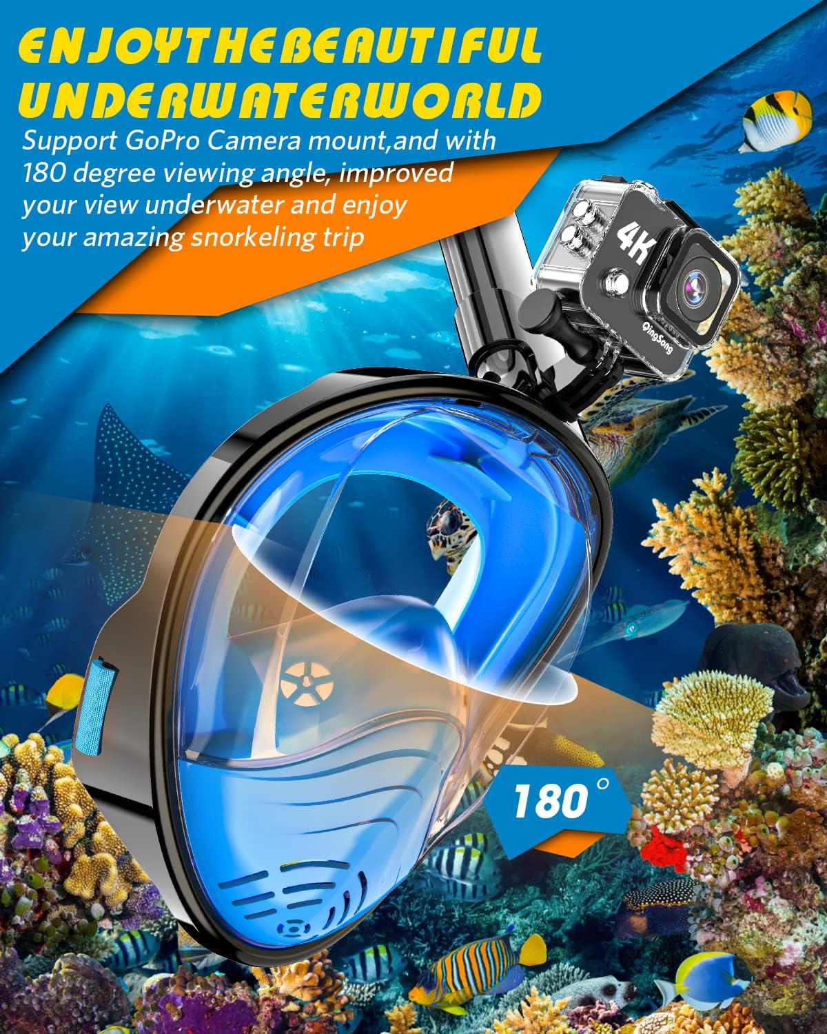 QingSong Full Face Snorkel Mask for Adults, Snorkeling Gear with Camera Mount, 180 Degree Panoramic View Snorkel Set Anti-Fog Anti-Leak