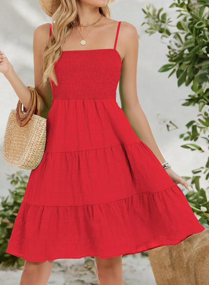 Womens Casual Summer Spaghetti Strap Smocked A Line Beach Vacation Sun Dress Above The Knee