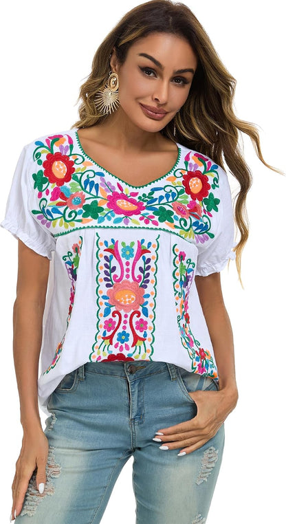 YZXDORWJ Embroidered Mexican Top for Women Peasant Blouse Mexico Summer Shirt Short Sleeve