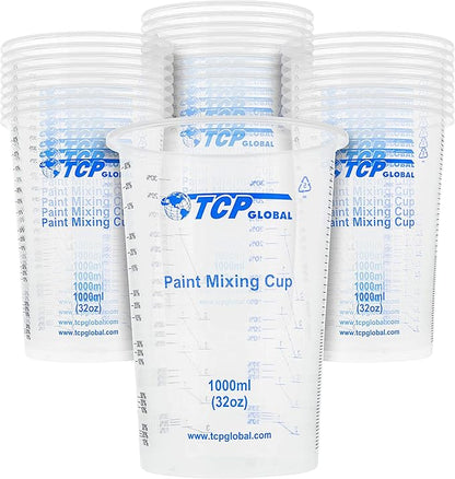 TCP Global 32 Ounce (1000ml) Disposable Flexible Clear Graduated Plastic Mixing Cups - Box of 25 Cups - Use for Paint, Resin, Epoxy, Art, Kitchen, Cooking, Baking - Measuring Ratios 2-1, 3-1, 4-1, ML