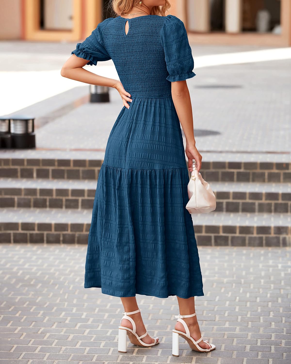dowerme Womens Summer Dresses 2025 Casual Puff Short Sleeve Crewneck Smocked Flowy Ruffle Boho Beach Party Maxi Sundress