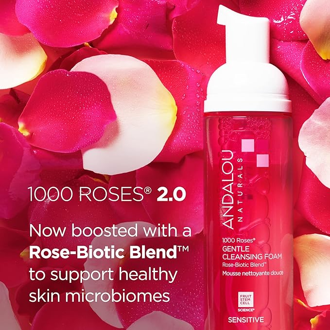 Andalou Naturals 1000 ROSES Gentle Cleansing Foam Face Wash, Hydrating Foaming Facial Cleanser with Rosewater  Aloe for Women  Men, Non Toxic, Vegan