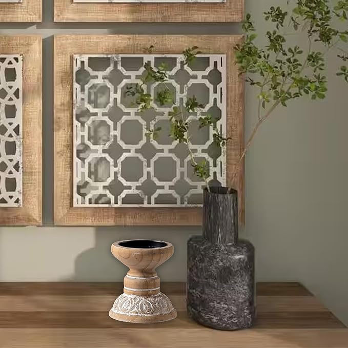 SOFE Farmhouse Wood Candle Holder, Handmade Pillar Candle Holders Brown Rustic Candle Stand Decorative, Candle Pedestal for Coffee Table, Living Room, Room Decor Aesthetic