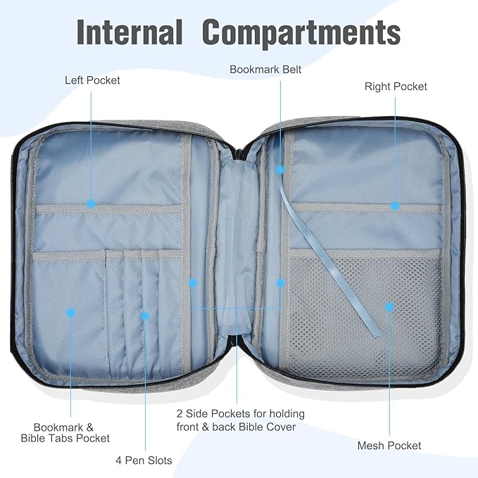 Bible Cover, Carrying Book Case Book Cover Church Bag with Handle and Zippered Pocket, Bible Protective Case w 200 PCs Bible Tabs for Men Women Mother Lady Girls (Gray)