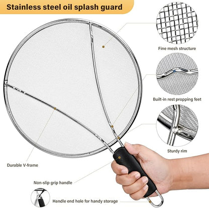 Splatter Screen for Frying Pan 13" 11.5" 9.8" Stainless Steel Fine Mesh Grease Splatter Guard with Comfort Silicone Handles and Resting Feet for Prevent Oil Splatter Safe Cooking