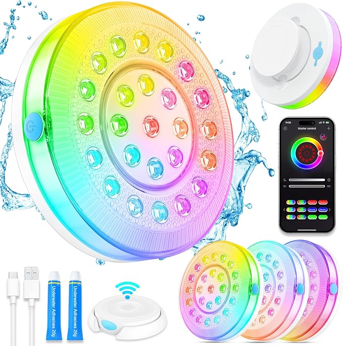 Pool Lights for Above/In Ground Pools Only , Portable Smart Magnetic Underwater IP68 Waterproof LED Light Rechargeable
