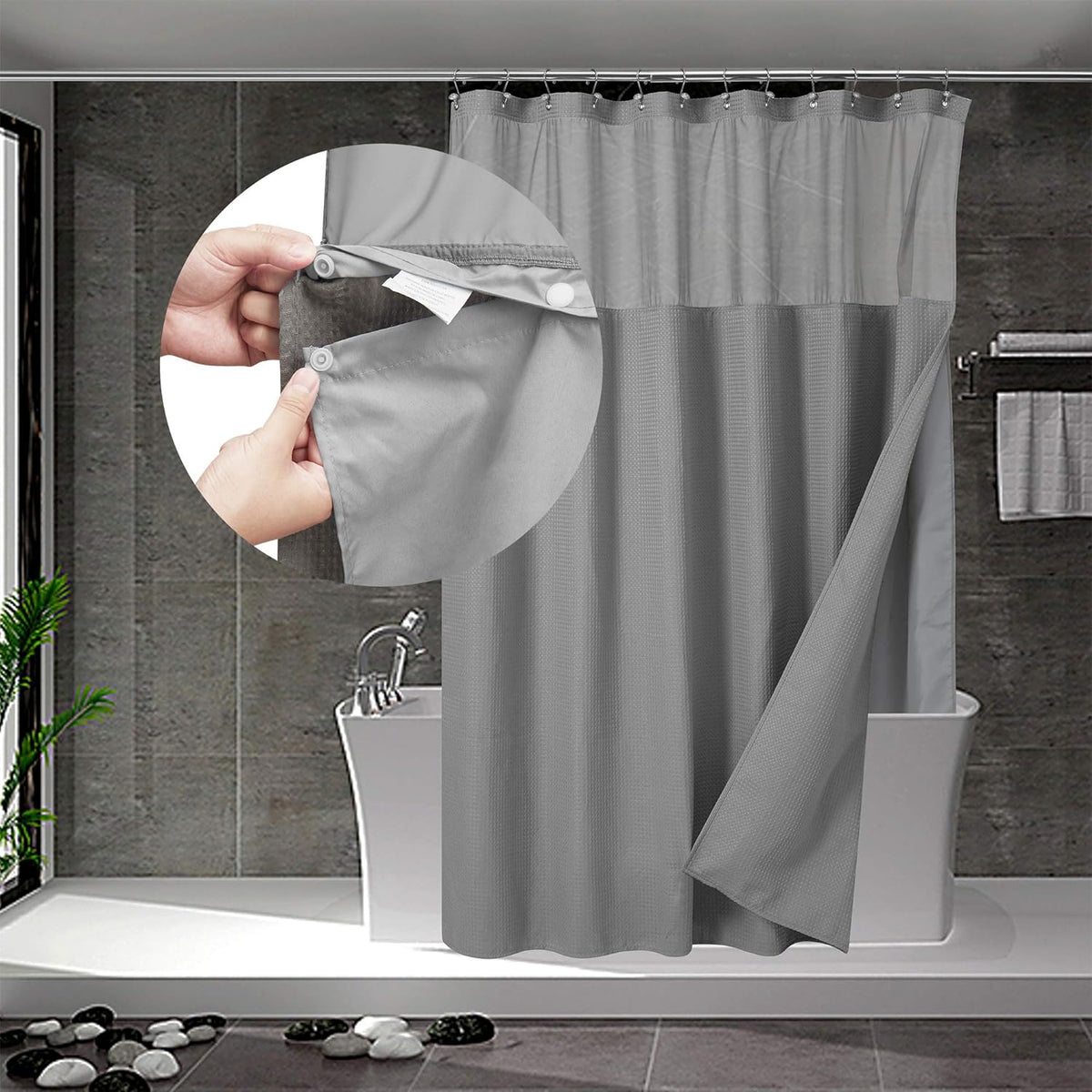 N&Y HOME Waffle Weave Shower Curtain with Snap-in Fabric Liner Set, 12 Hooks Included - Hotel Style, Water-Repellent & Washable, Heavyweight Fabric & Mesh Top Window - 71x72, Gray