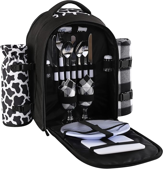 apollo walker Picnic Backpack Bag for 2 Person with Cooler Compartment, Detachable BottleWine Holder, Fleece Blanket, Plates and Cutlery Set (2 Person, Black)
