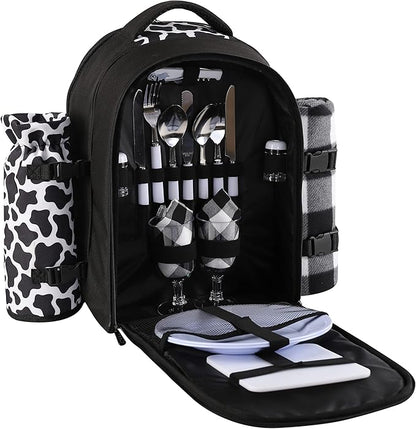 apollo walker Picnic Backpack Bag for 2 Person with Cooler Compartment, Detachable BottleWine Holder, Fleece Blanket, Plates and Cutlery Set (2 Person, Black)