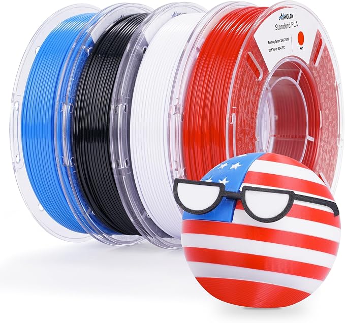 AMOLEN PLA 3D Printing Filament Bundle 1.75mm, Black White Red Blue 250g X 4 Spools Pack 3D Printier Filament, 1KG/2.2 lb in Total, Compatible with Most FDM Printer and 3D Pen