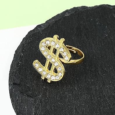 Ring, Crystal Dollar Sign Ring Money Symbol Ring Hip Hop Jewelry Rapper Punk Costume Props Golden Adjustable Open Ring