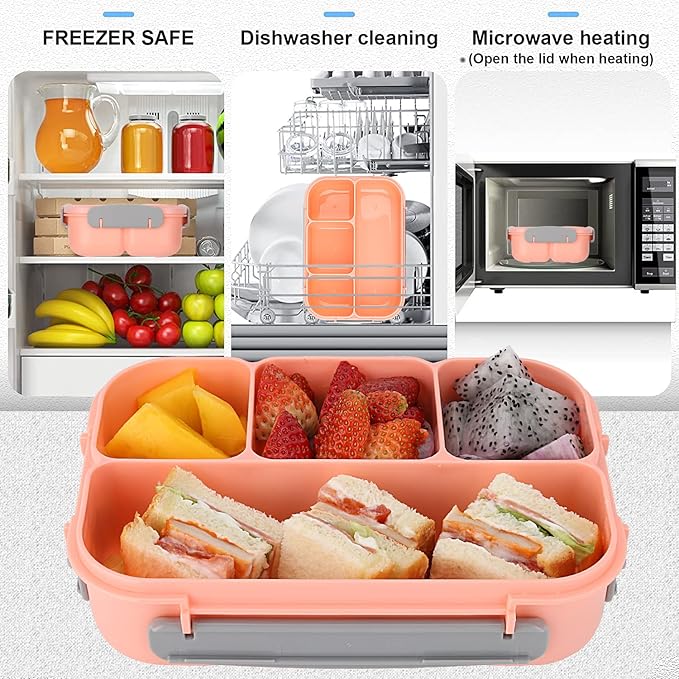 Bento Box Lunch Containers for Adults 5 Cup,Bento Boxes with 4 Compartments &Fork,Leak-proof,Microwave/Dishwasher/Freezer Safe,Pink