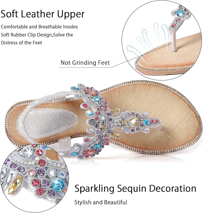 iCKER Women Rhinestone Sandals T-Strap Buckle Bohemian Pearl Crystal Flat Sandals