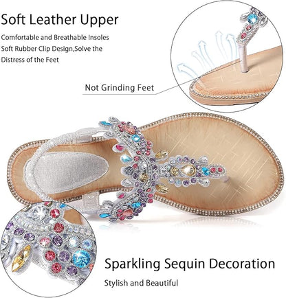iCKER Women Rhinestone Sandals T-Strap Buckle Bohemian Pearl Crystal Flat Sandals