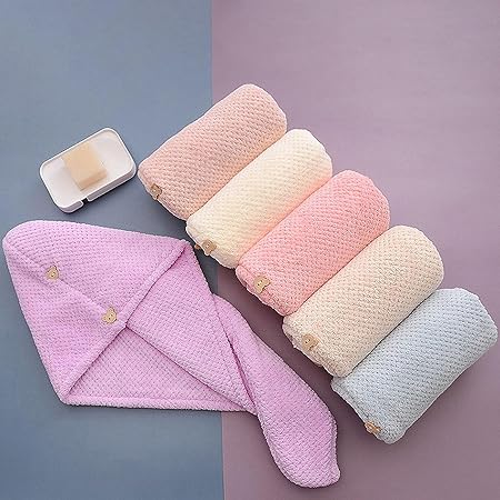 Microfiber Towel for Hair with Bear Button Super Absorbent Hair Towel Fast Hair Drying Towel Turban Wrap 9.84 Inch X 25.5 Inch Dry Hair Cap for Women Bath Shower Makeup (B)