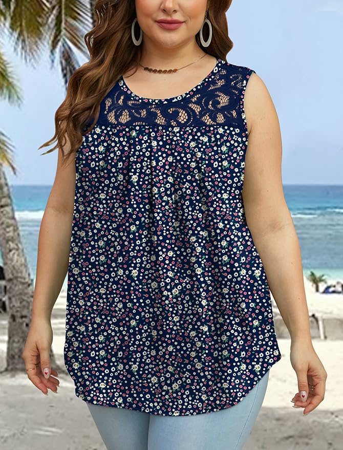 Saloogoe Summer Tank Tops for Women Loose Fit Pleated Tunics Scoop Neck Sleeveless Lace Tops Curved Hem Flowy