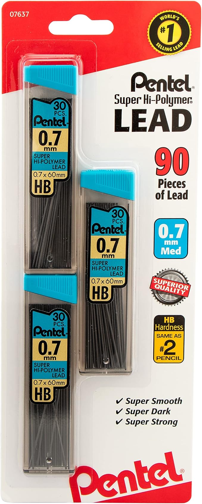PentelA Super Hi-PolymerA Leads, 0.7 mm, Medium, HB, 30 Leads Per Tube, Pack Of 3 Tubes
