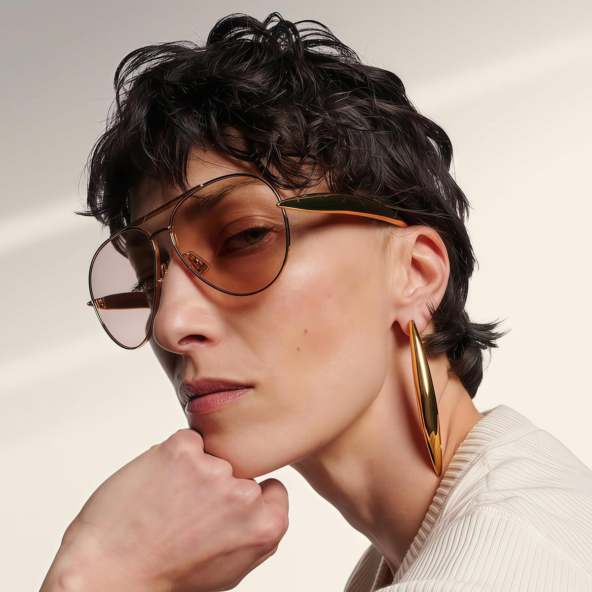 Oversized Aviator Sunglasses For Women 70s Retro 2025 Metal Shades with Gold Streamline Arms ( No Original Box )
