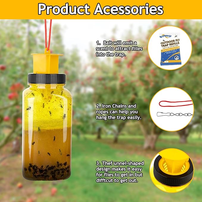 Dwcom 2 Pack Fly Traps Outdoor with Fly Bait, Fly Repellent for Outdoor Use Only, Controls Flies for Patios, Barns, Ranches, Hanging Fly Traps