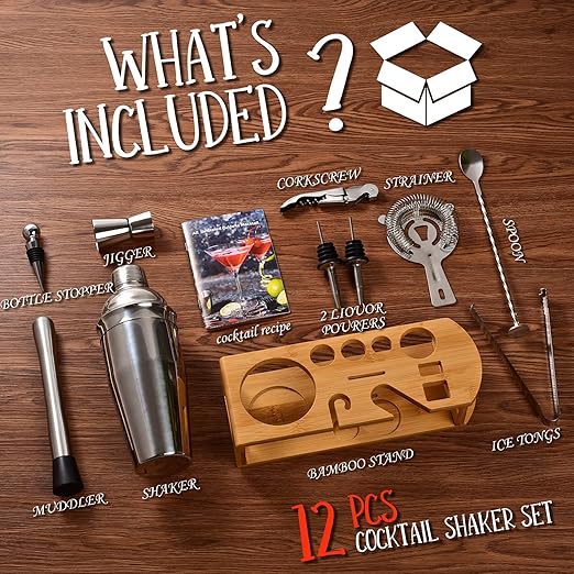 Cocktail Shaker Set Bartender Kit : 12-Piece Bar Tool Set with Bamboo Stand | Bar Set with All Practical Bar Accessories, for Drink Mixing, Bar, Home, Lounge & Party (Silver)