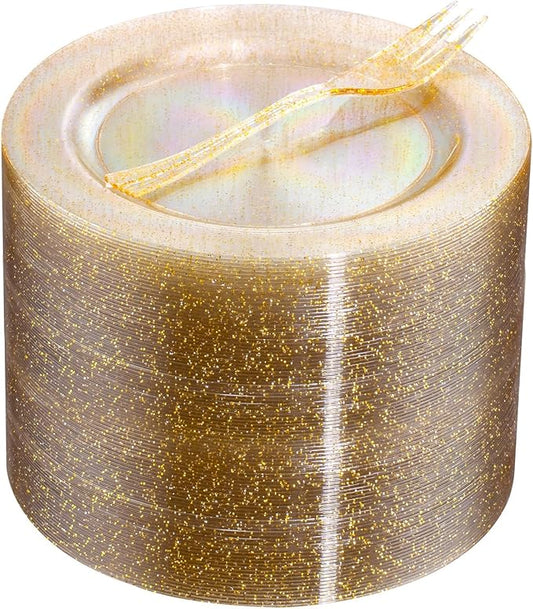 WELLIFE 60PCS Gold Glitter Dessert Plates and 60PCS Plastic Forks, 6.3 inch Disposable Dessert Plates for 60 Guests, Durable Gold Glitter Cake Plate, Perfect for Party