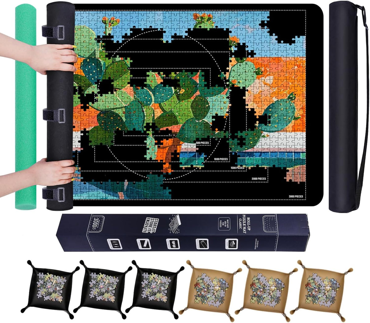 Pohxev Jigsaw Puzzle Mat Roll Up, Saver Pad 53” x 35” Non-Slip Rubber Bottom & Smooth Top Portable Keeper Up to 3000 Pieces with 6 Puzzle Sorting Trays & Travel-Friendly Storage Bag