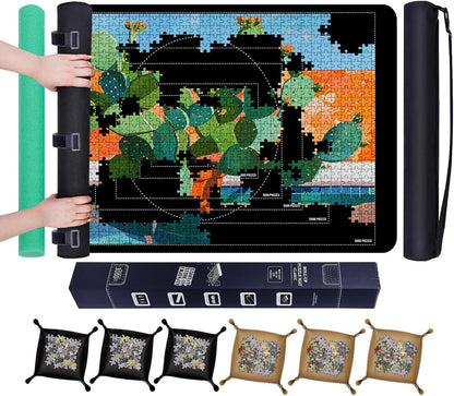 Pohxev Jigsaw Puzzle Mat Roll Up, Saver Pad 53” x 35” Non-Slip Rubber Bottom & Smooth Top Portable Keeper Up to 3000 Pieces with 6 Puzzle Sorting Trays & Travel-Friendly Storage Bag