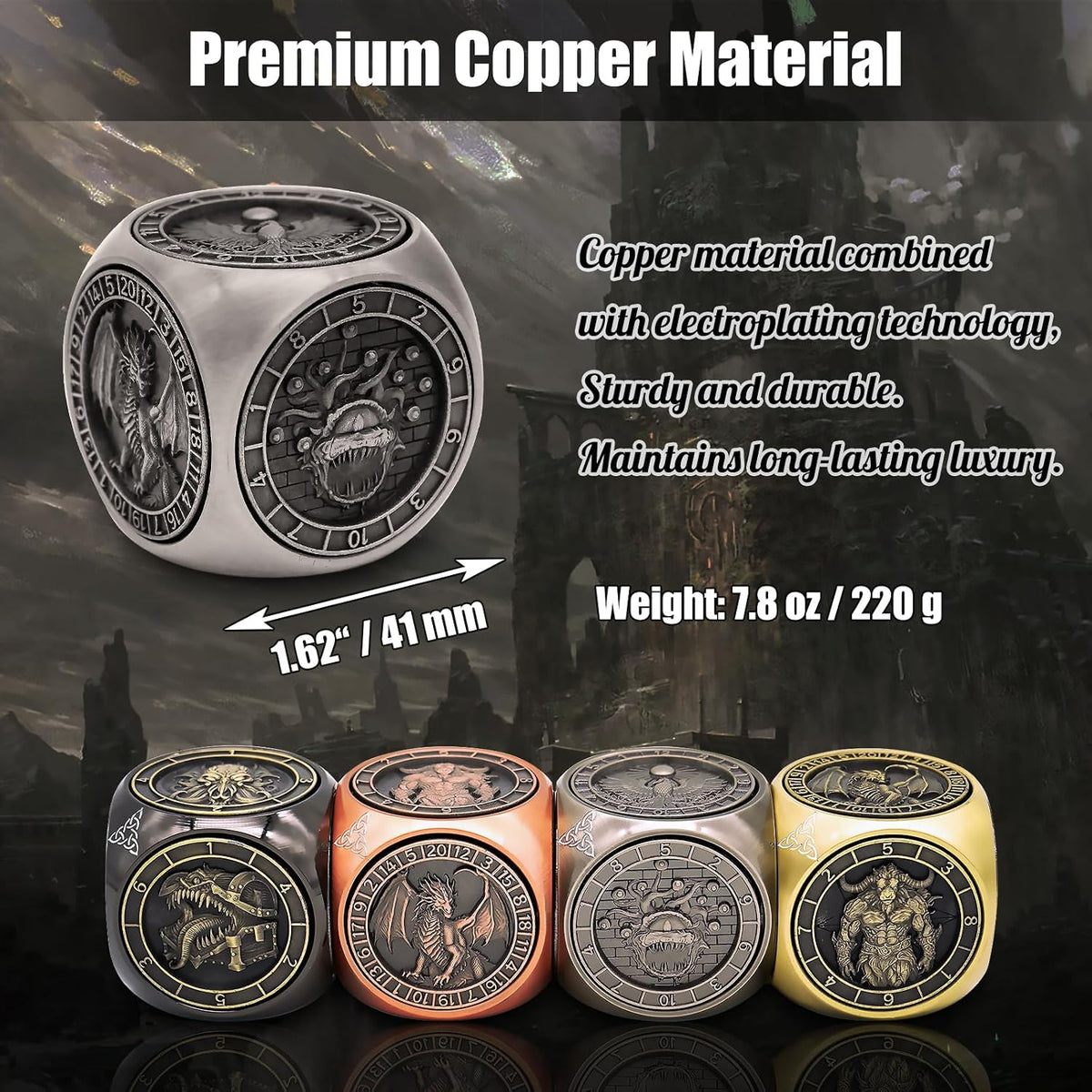 DND Spinner Dice, 7 in 1 Unique Metal Dice Set with 3D Relief for Dungeons and Dragons Gifts, Cool Polyhedral Role Playing Game Dice, Fantasy D&D Tabletop RPG Accessories for DM & Player (Silver)
