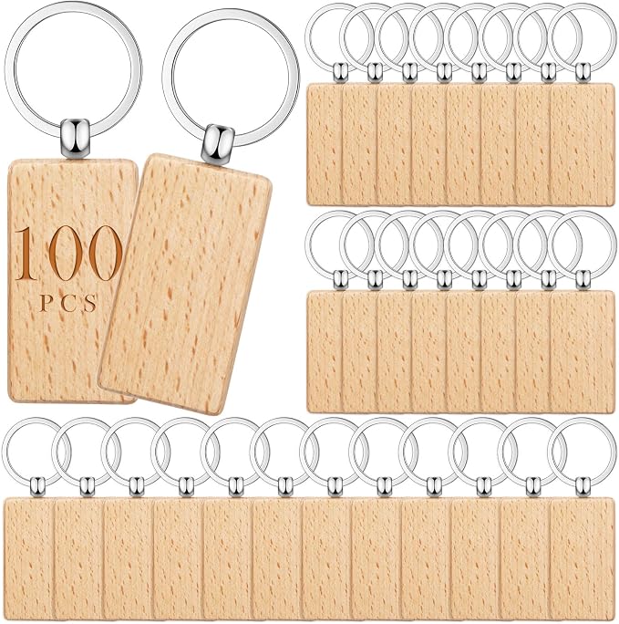 Yinkin 100 Pcs Wooden Keychain Blanks Bulk Laser Engraving Key Chain Unfinished Wooden Key Ring Tag for DIY Gift Crafts (Rectangle