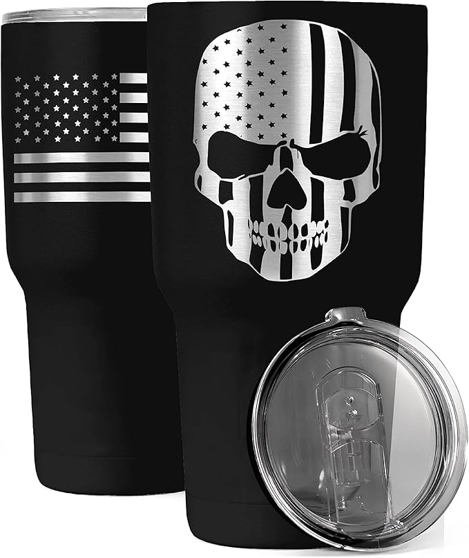 American Flag Skull 30oz Patriotic Tumbler - American Flag Tumbler Travel Mug - Patriotic Coffee Travel Mug - Double Insulated 30oz Tumbler - Engraved in the USA - (Skull Flag)