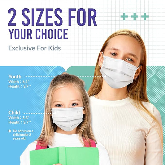 Medtecs Kids Face Mask Disposable - 2 Sizes Option (ChildYouth) - Comfy 3-Ply Breathable Children Masks, The Better Choice - Youth  White