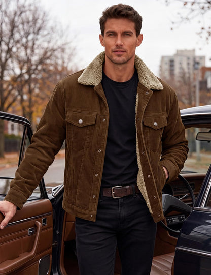 Men's Corduroy Jacket Winter Sherpa Lined Warm Thick Trucker Cargo Coat with 5 Pockets