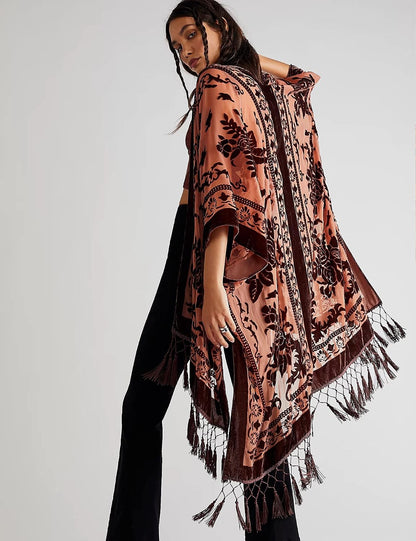 WeHello Women's Burnout Velvet Kimono Long Cardigan Cover Up With Tassel.