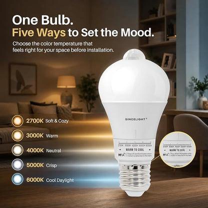 Motion Sensor LED Light Bulb 9W with E26 Base, PIR Motion-Activated in The Dark, Automatically ON/Off by Dual Sensors, 5 Color Temperatures Turnable, Pack of 2