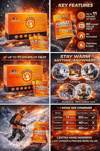 Hot Hand Warmers - 80 Count - 11 Hours Long Lasting Air Activated Heat Packs for Hands, Toes and Body, Natural Safe and Odorless Single Use Up to 11 Hours of Heat - TSA Approved