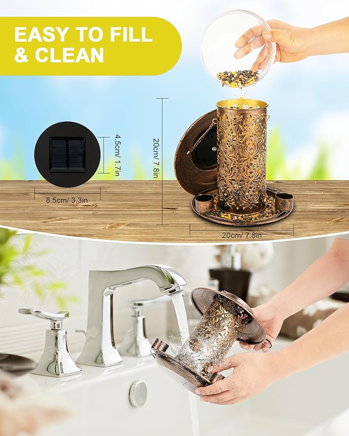 Solar Bird Feeders for Outdoors, Metal Hanging Bird Feeder with 3 Water Cups,Rust Resistant, Solar Garden Lantern for Outdoors Decor,The Perfect Choice for Gift(2.5LB)