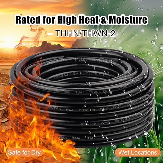 THHN Wire 4 Gauge 50 FT Stranded Copper Wire, 4 AWG Copper Wire Rated up to 600V Building Wire Nylon Jacket for Residential, CNC, Ground, Industrial (4 Gauge, Black)