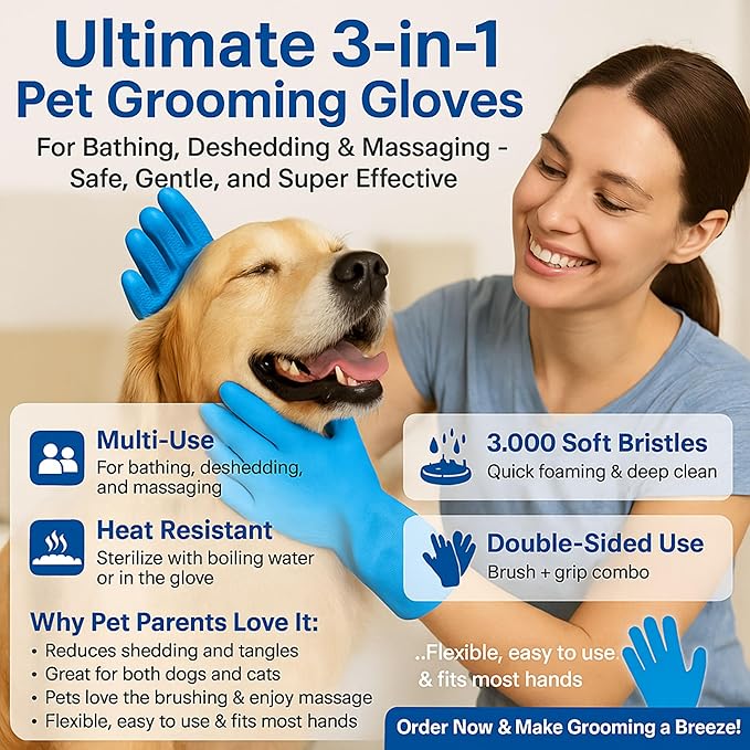 #1 Reusable Silicone Bath & Grooming Gloves – 2-in-1 Deshedding Mitts for Dogs, Cats & Rabbits | Safe Non-Electric Hair Remover | Quick Foam, Massage & Easy Clean
