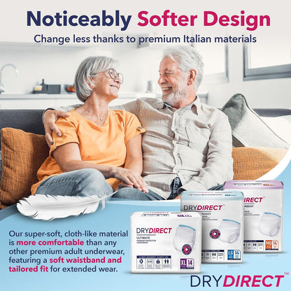 Dry Direct Ultimate Underwear, Made-in-USA Adult Diapers, Max Absorbency Disposable Incontinence Protection - Large (Case of 64)