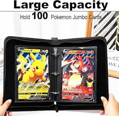 Card Binder Compatible with Pokm Jumbo Cards,100 Pockets Hold Oversize Big Cards,3 Rings With 50 Double Side Removable Premium Sleeves-Portable  Lightweight (X-Large 5.9"x8.1")